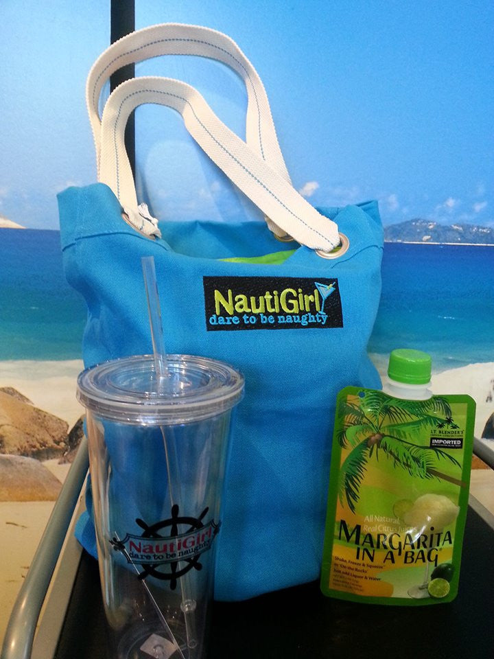 Nautigirl Acrylic tumbler shown with canvas bag